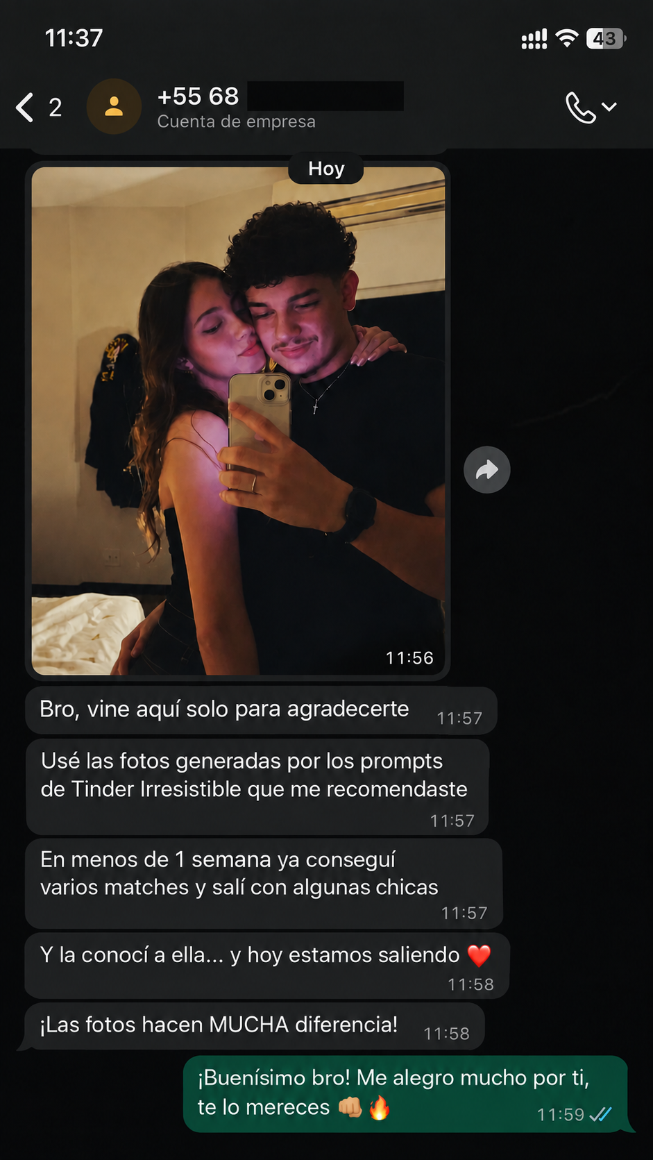 Testimonio de un usuario que muestra un aumento de matches en Tinder después de usar los prompts (2)