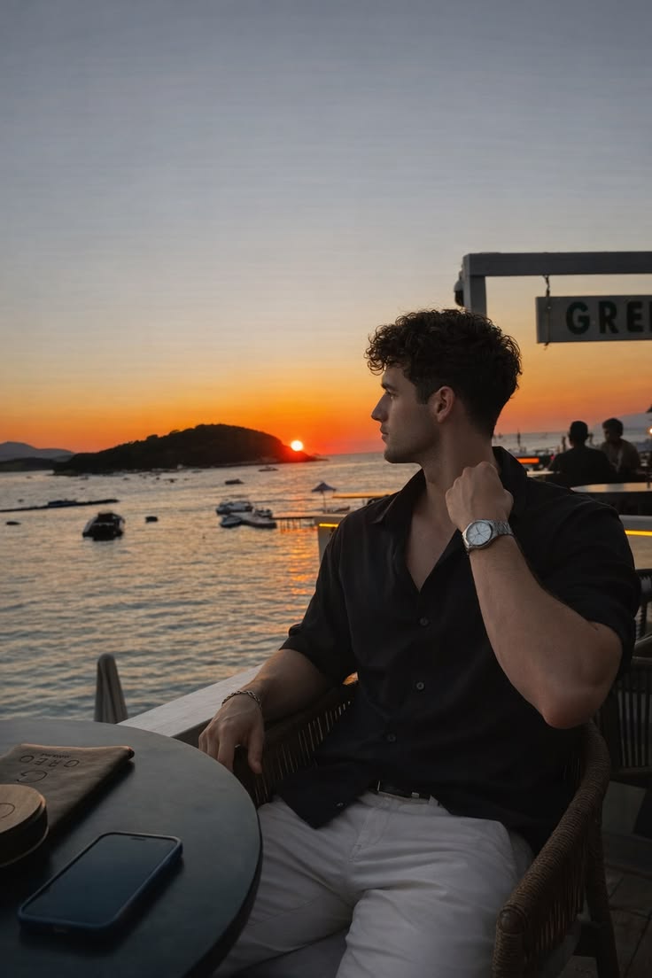 Hombre en un restaurante junto al mar al atardecer en una foto de viaje generada por IA